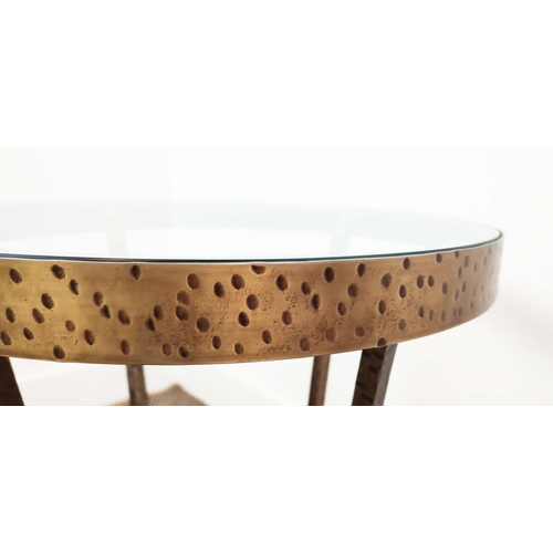 364 - SIDE TABLES, a pair, circular glass tops on hammered metal bases, 52cm H x 45cm. (2)