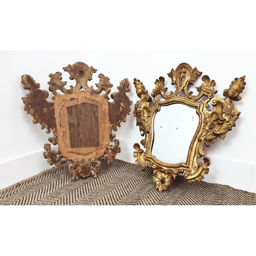 87 - WALL MIRRORS, a pair, 18th century Italian giltwood with cartouche plates, 55cm H x 49cm W. (2)