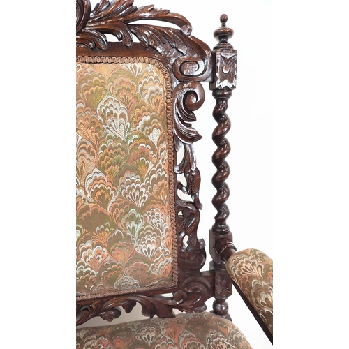 91 - SETTEE, early 20th century Jacobean style oak, with lion carved frame and patterned upholstery, 141c... 