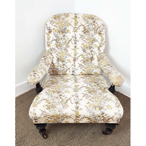 92 - ARMCHAIR, Victorian ebonised, circa 1870 in cream floral upholstery, 81cm H x 75cm W x 92cm D.