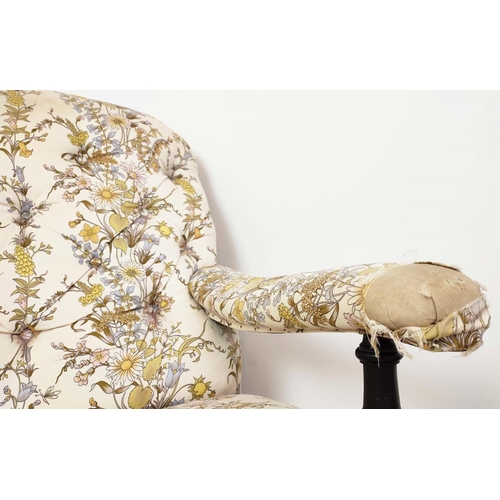 92 - ARMCHAIR, Victorian ebonised, circa 1870 in cream floral upholstery, 81cm H x 75cm W x 92cm D.