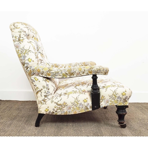 92 - ARMCHAIR, Victorian ebonised, circa 1870 in cream floral upholstery, 81cm H x 75cm W x 92cm D.