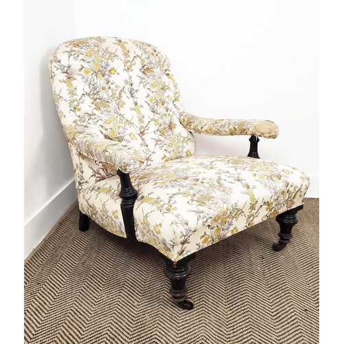 92 - ARMCHAIR, Victorian ebonised, circa 1870 in cream floral upholstery, 81cm H x 75cm W x 92cm D.