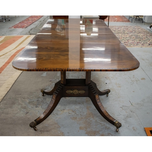 165 - TWIN PEDESTAL DINING TABLE, Regency style mahogany, coromandel and brass mounted with two extra leav... 