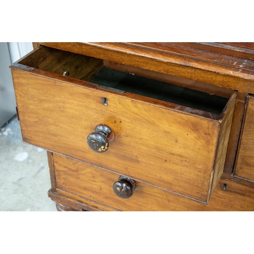 189 - LINEN PRESS, Victorian mahogany with two doors and sliding trays above a base of three drawers, 196c... 