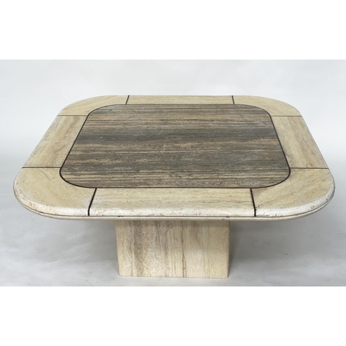 102 - LOW TRAVERTINE TABLE, 1970s Italian rounded square marble and contrast marble bound on a plinth base... 