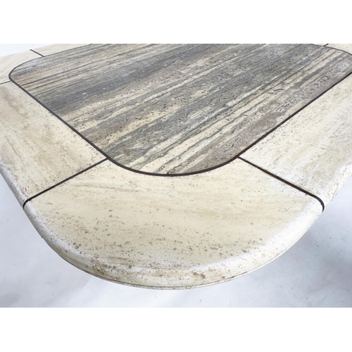 102 - LOW TRAVERTINE TABLE, 1970s Italian rounded square marble and contrast marble bound on a plinth base... 