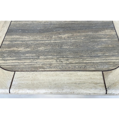 102 - LOW TRAVERTINE TABLE, 1970s Italian rounded square marble and contrast marble bound on a plinth base... 