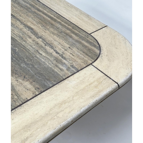 102 - LOW TRAVERTINE TABLE, 1970s Italian rounded square marble and contrast marble bound on a plinth base... 