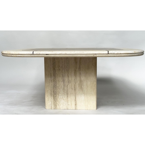 102 - LOW TRAVERTINE TABLE, 1970s Italian rounded square marble and contrast marble bound on a plinth base... 