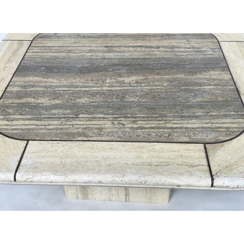 102 - LOW TRAVERTINE TABLE, 1970s Italian rounded square marble and contrast marble bound on a plinth base... 