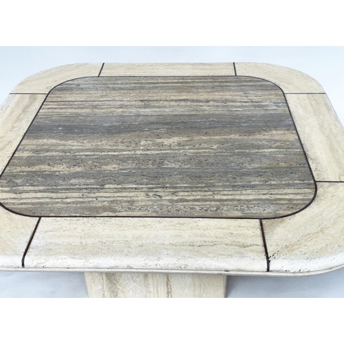 102 - LOW TRAVERTINE TABLE, 1970s Italian rounded square marble and contrast marble bound on a plinth base... 