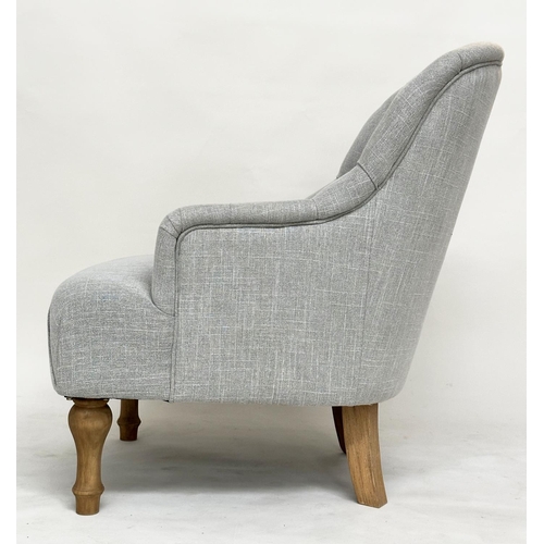 106 - ARMCHAIRS, a pair, early 20th century style with buttoned grey linen upholstery and turned tapering ... 