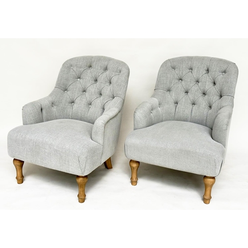 106 - ARMCHAIRS, a pair, early 20th century style with buttoned grey linen upholstery and turned tapering ... 