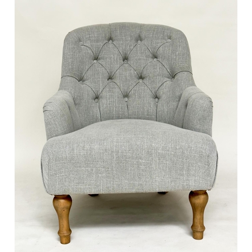 106 - ARMCHAIRS, a pair, early 20th century style with buttoned grey linen upholstery and turned tapering ... 