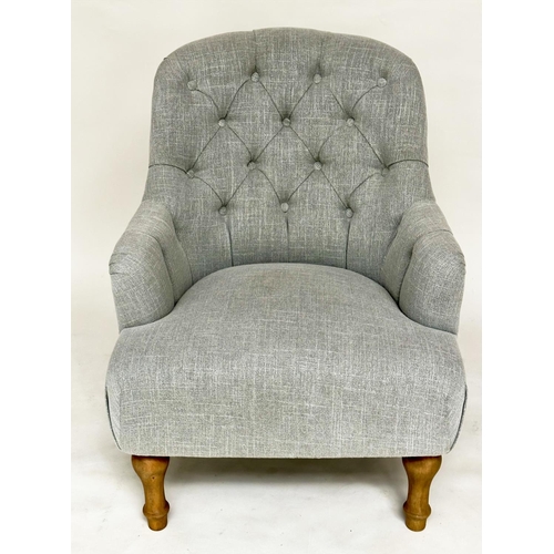 106 - ARMCHAIRS, a pair, early 20th century style with buttoned grey linen upholstery and turned tapering ... 