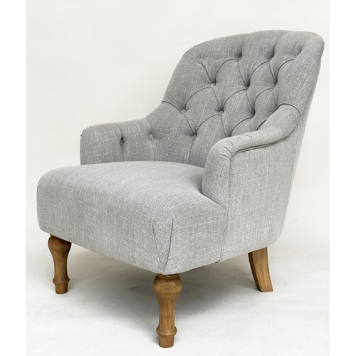 106 - ARMCHAIRS, a pair, early 20th century style with buttoned grey linen upholstery and turned tapering ... 