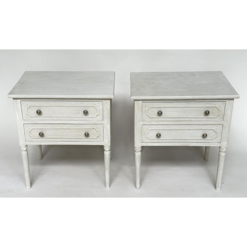 112 - BEDSIDE/LAMP TABLES, a pair, French style traditionally grey painted each with two drawers, 54cm W x... 