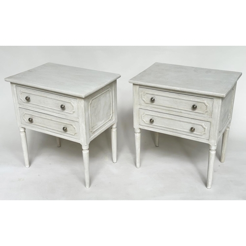 112 - BEDSIDE/LAMP TABLES, a pair, French style traditionally grey painted each with two drawers, 54cm W x... 