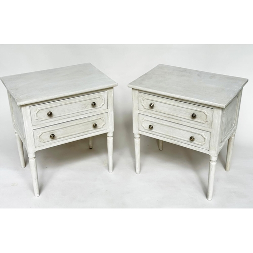 112 - BEDSIDE/LAMP TABLES, a pair, French style traditionally grey painted each with two drawers, 54cm W x... 