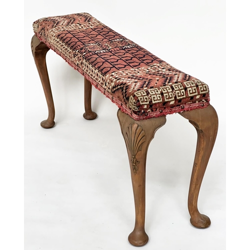 115 - HALL BENCH, vintage antique tekke Turkoman carpet seat raised upon carved walnut supports, 114cm x 3... 