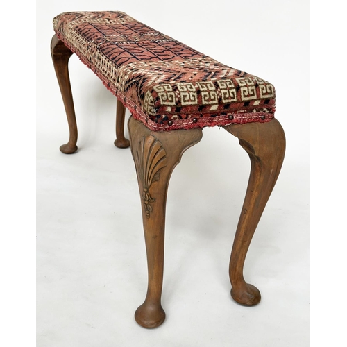 115 - HALL BENCH, vintage antique tekke Turkoman carpet seat raised upon carved walnut supports, 114cm x 3... 