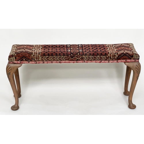 115 - HALL BENCH, vintage antique tekke Turkoman carpet seat raised upon carved walnut supports, 114cm x 3... 