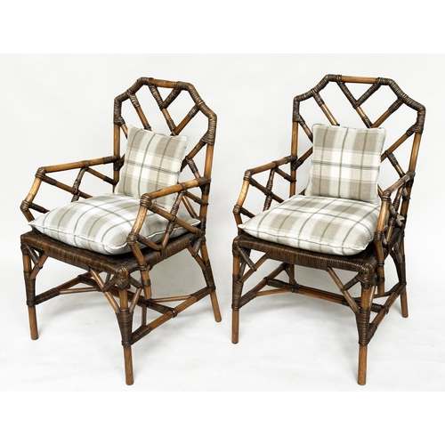 117 - BRIGHTON PAVILLION STYLE ARMCHAIRS, a pair, faux bamboo framed and wicker woven panelled and cane bo... 