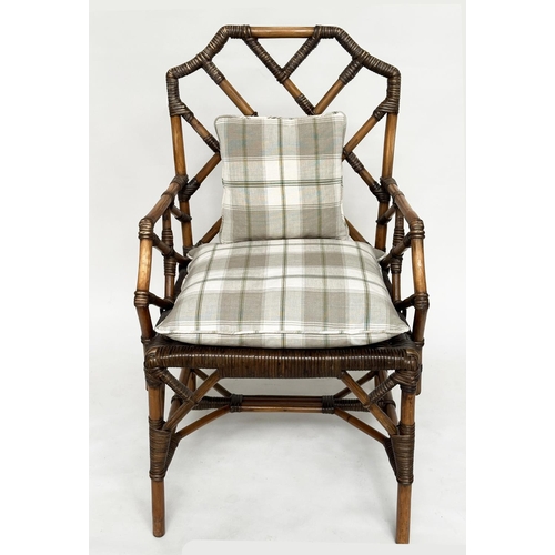 117 - BRIGHTON PAVILLION STYLE ARMCHAIRS, a pair, faux bamboo framed and wicker woven panelled and cane bo... 