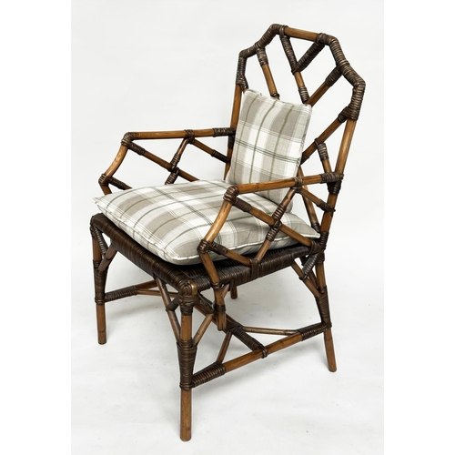 117 - BRIGHTON PAVILLION STYLE ARMCHAIRS, a pair, faux bamboo framed and wicker woven panelled and cane bo... 