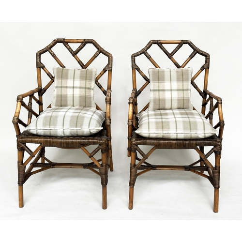 117 - BRIGHTON PAVILLION STYLE ARMCHAIRS, a pair, faux bamboo framed and wicker woven panelled and cane bo... 