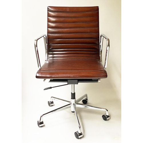 121 - REVOLVING DESK CHAIR, Charles and Ray Eames inspired with hand finished ribbed soft tan brown leathe... 