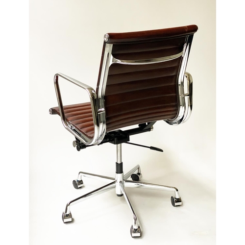 121 - REVOLVING DESK CHAIR, Charles and Ray Eames inspired with hand finished ribbed soft tan brown leathe... 