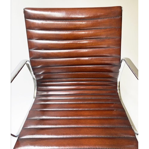 121 - REVOLVING DESK CHAIR, Charles and Ray Eames inspired with hand finished ribbed soft tan brown leathe... 