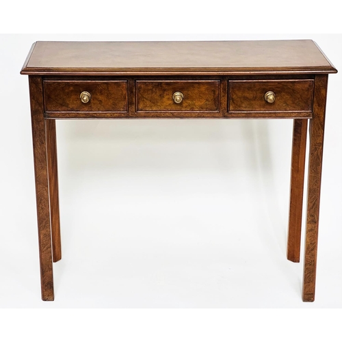 124 - HALL TABLE, George III design burr walnut and crossbanded with three frieze drawers and inner-chamfe... 