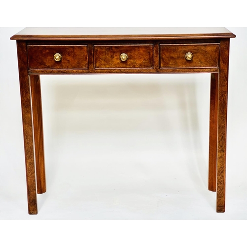 124 - HALL TABLE, George III design burr walnut and crossbanded with three frieze drawers and inner-chamfe... 