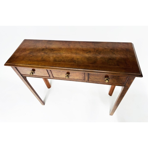 124 - HALL TABLE, George III design burr walnut and crossbanded with three frieze drawers and inner-chamfe... 