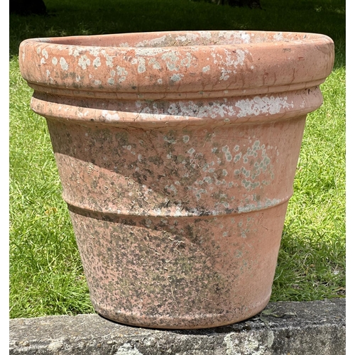 130 - TERRACOTTA GARDEN POT, large weathered terracotta, 58cm H x 67cm W, moulded rim and ridged detail.