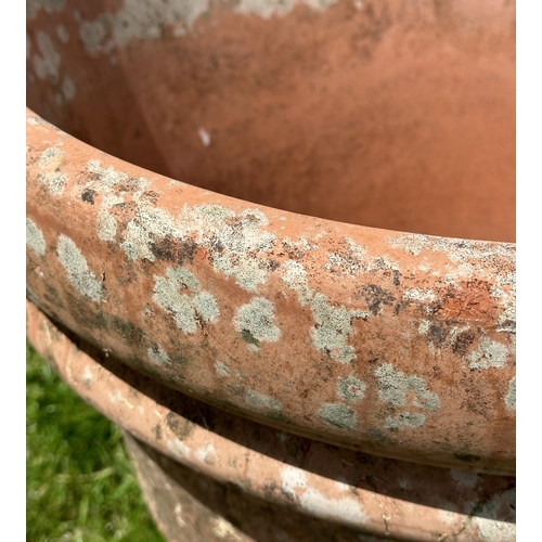 130 - TERRACOTTA GARDEN POT, large weathered terracotta, 58cm H x 67cm W, moulded rim and ridged detail.