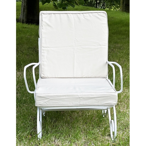 132 - GARDEN TERRACE ARMCHAIRS, a pair, vintage white painted box section metal with cushions on scroll su... 