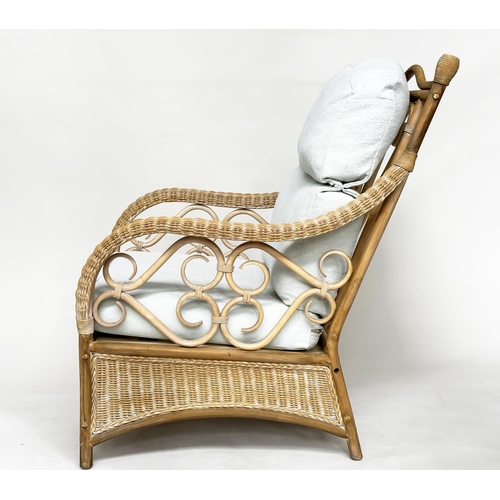 138 - CONSERVATORY ARMCHAIRS, a pair, sun bleached rattan framed wicker panelled and cane bound with round... 