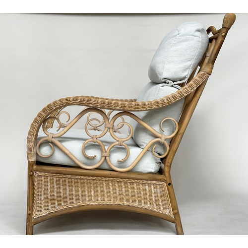 138 - CONSERVATORY ARMCHAIRS, a pair, sun bleached rattan framed wicker panelled and cane bound with round... 