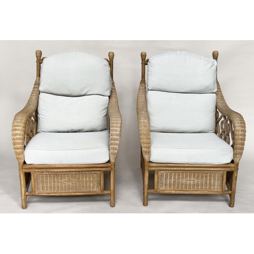 138 - CONSERVATORY ARMCHAIRS, a pair, sun bleached rattan framed wicker panelled and cane bound with round... 