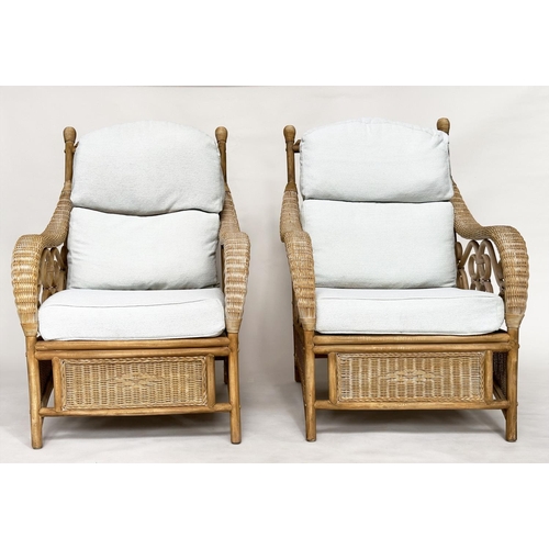 138 - CONSERVATORY ARMCHAIRS, a pair, sun bleached rattan framed wicker panelled and cane bound with round... 