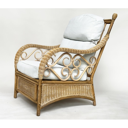 138 - CONSERVATORY ARMCHAIRS, a pair, sun bleached rattan framed wicker panelled and cane bound with round... 