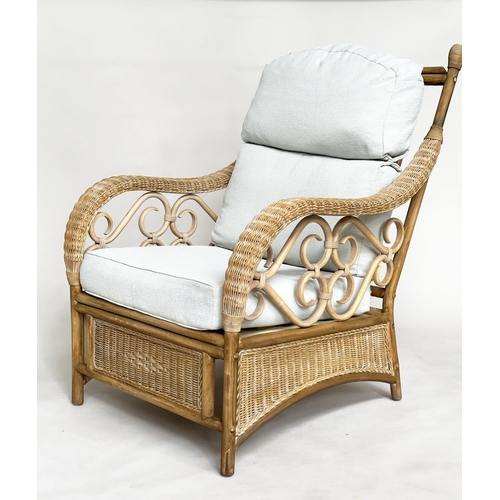 138 - CONSERVATORY ARMCHAIRS, a pair, sun bleached rattan framed wicker panelled and cane bound with round... 