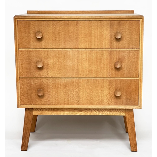 285 - MEREDEW CHEST, mid 20th century oak with three long drawers stamped 'Meredew Furniture', 77cm W x 87... 