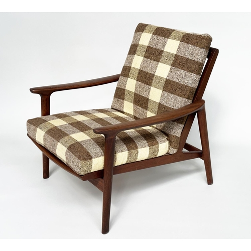 286 - ARMCHAIR, mid 20th century Danish teak, with brown check upholstered cushions.