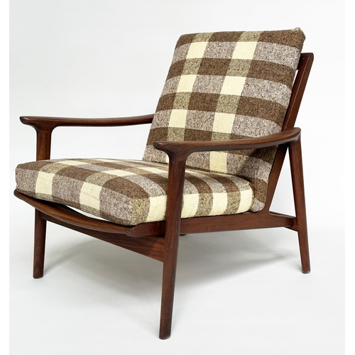 286 - ARMCHAIR, mid 20th century Danish teak, with brown check upholstered cushions.