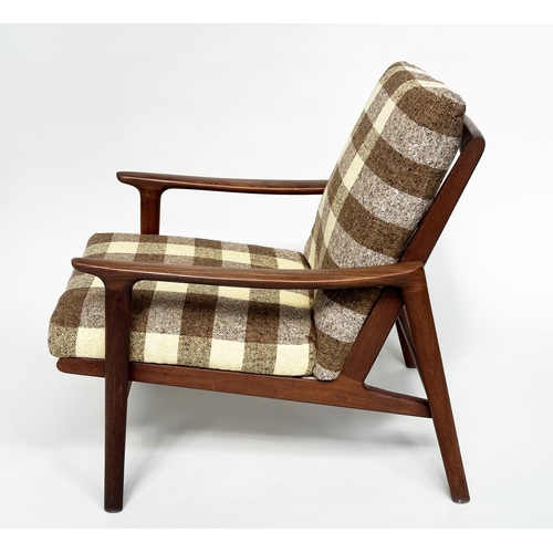 286 - ARMCHAIR, mid 20th century Danish teak, with brown check upholstered cushions.